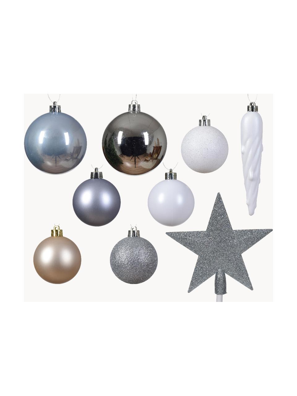 Weihnachtsbaumschmuck Starstruck, 33er-Set, Kunststoff, Weiß, Silberfarben, Graublau, Set mit verschiedenen Größen