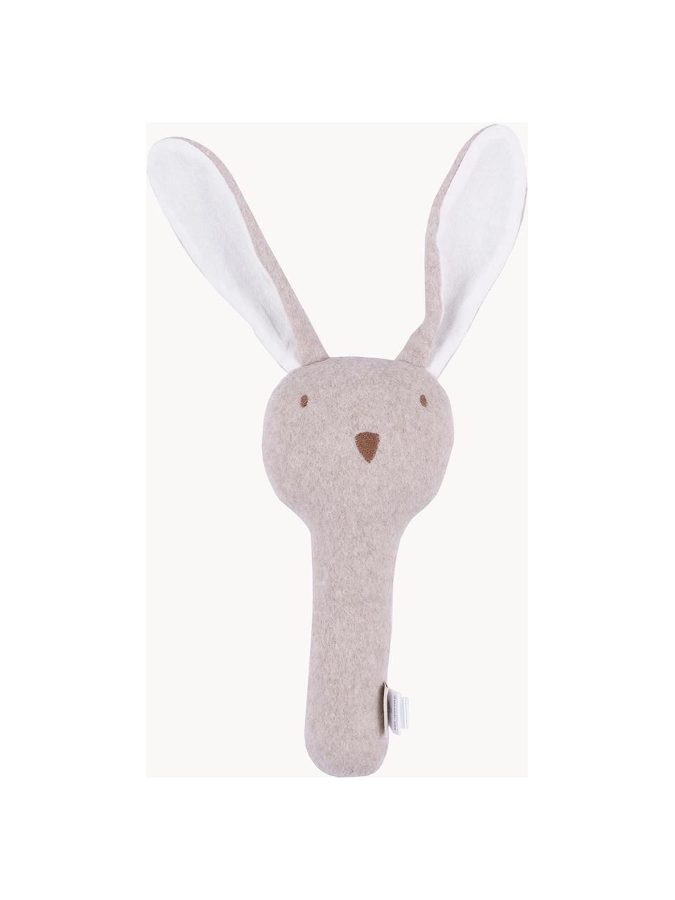 Handgefertigte Rassel Rabbit, Baumwolle, Nougat, Weiss, B 10 x L 21 cm