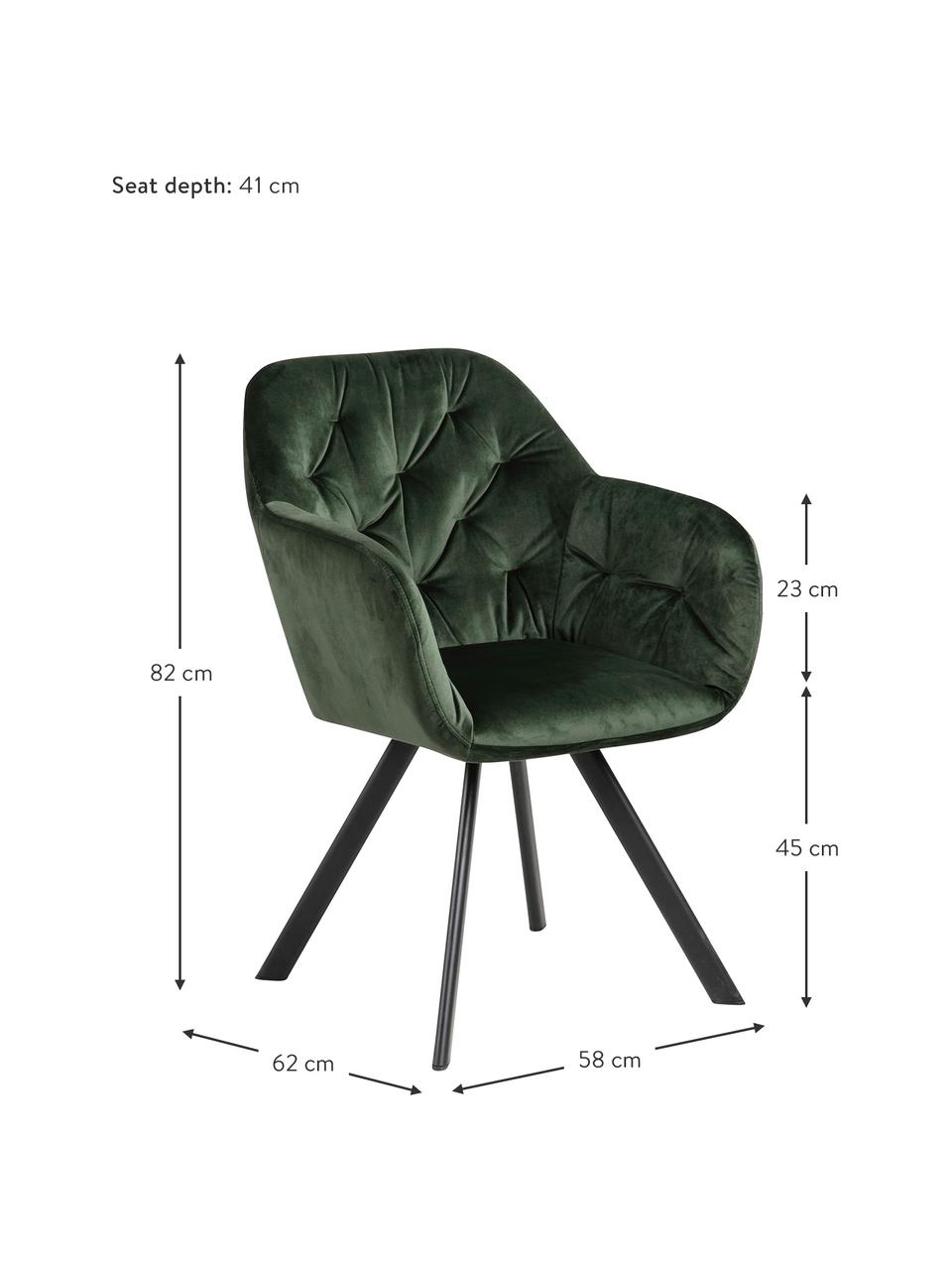 Otočná sametová židle s područkami Lucie, Lesní zelená, Š 58 cm, H 62 cm