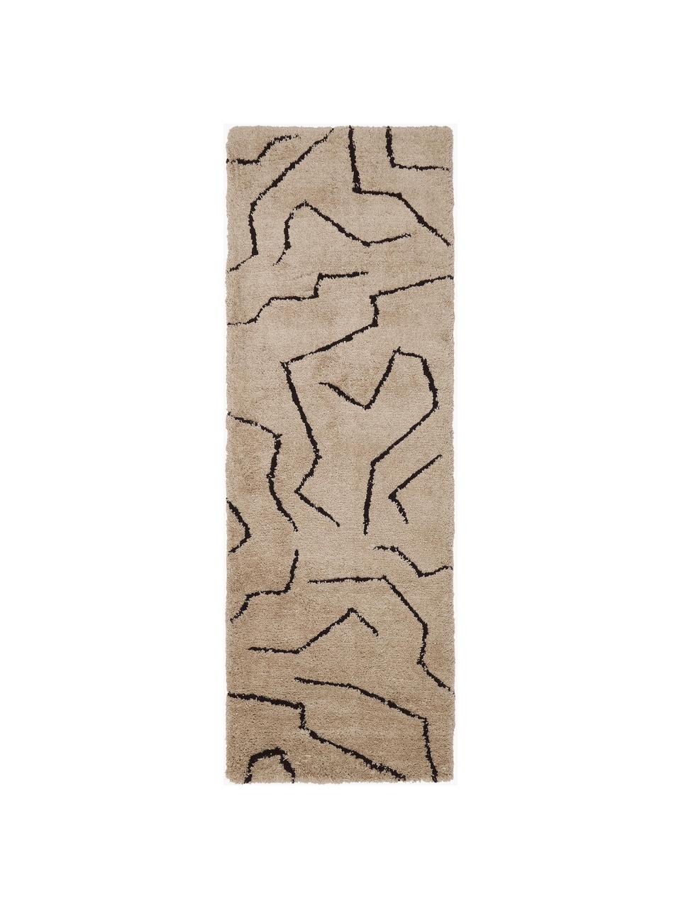 Handgetufte hoogpolige loper Davin in taupe, Bovenzijde: 100% polyester microvezel, Onderzijde: gerecycled polyester, Taupe, zwart, B 80 x L 250 cm