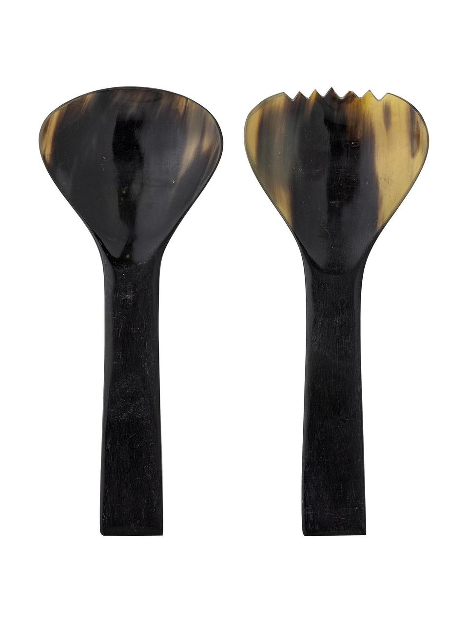 Schwarzes Salatbesteck Aviaja aus Horn, 2er-Set, Horn, Schwarz, Gelb, L 19 cm