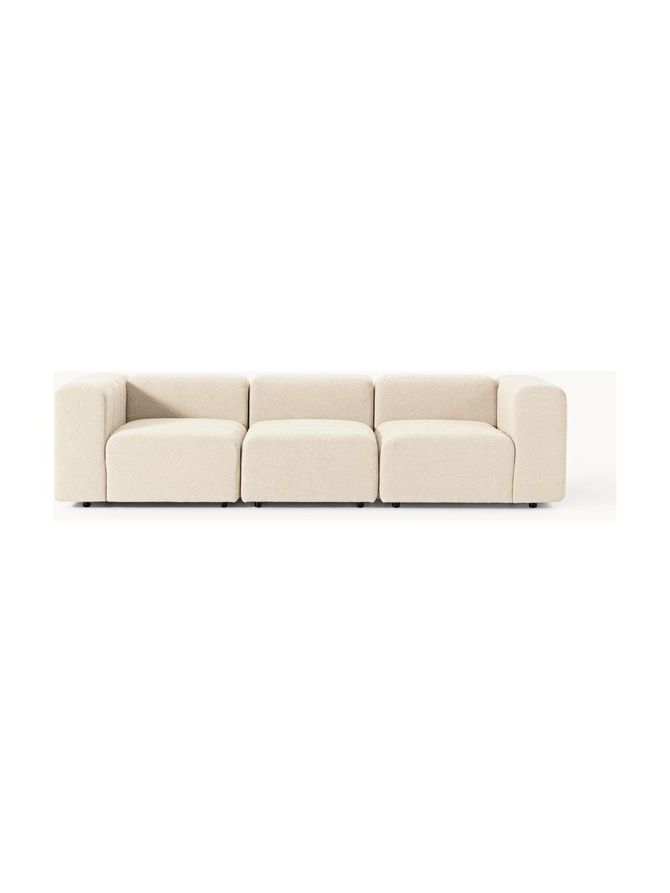 Divano componibile 4 posti in bouclé Lena, Rivestimento: bouclé (93% poliestere, 6, Struttura: legno di faggio, truciola, Piedini: plastica, Bouclé beige chiaro, Larg. 287 x Prof. 106 cm