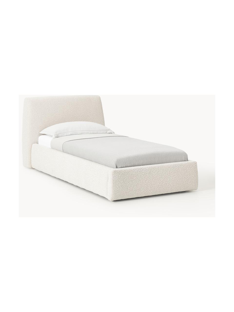 Cama individual en tejido bouclé con espacio de almacenamiento Cloud, Tapizado: tejido bouclé (80% poliés, Cuerpo: madera de pino y abeto ma, Patas: madera de abedul pintada , Bouclé blanco Off White, Cama 90 (An 155 x L 220)