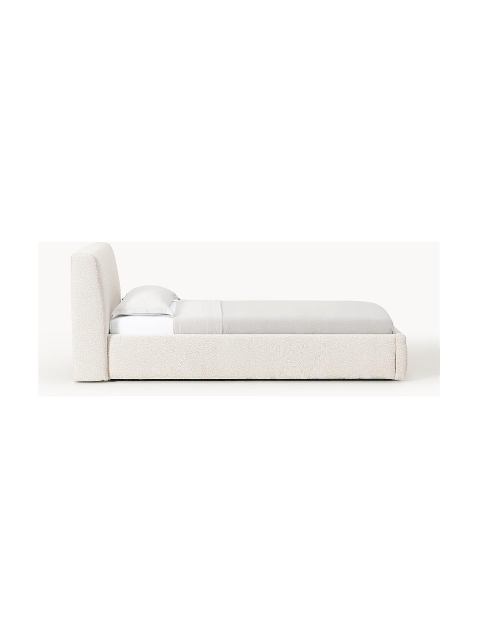 Cama individual en tejido bouclé con espacio de almacenamiento Cloud, Tapizado: tejido bouclé (80% poliés, Cuerpo: madera de pino y abeto ma, Patas: madera de abedul pintada , Bouclé blanco Off White, Cama 90 (An 155 x L 220)