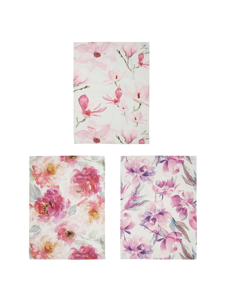 Komplet ręczników kuchennych z bawełny Magnolia, 3 elem., Bawełna, Biały, odcienie różowego, S 50 x D 70 cm