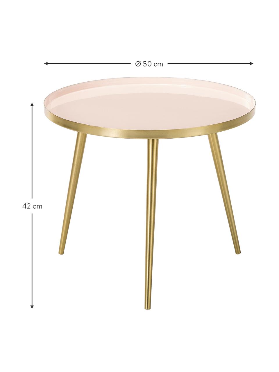 Ronde bijzettafel Amalia van metaal, Tafelblad: , Bovenzijde: geëmailleerd metaal, Tafelblad: lichtroze. Tafelpoten: goudkleurig, Ø 50 x H 42 cm