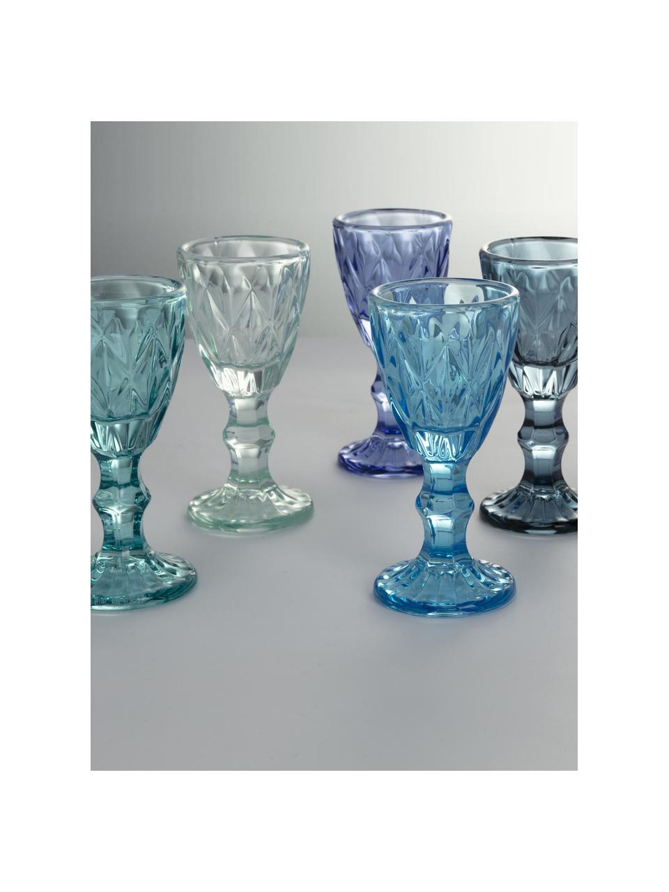Borrelglaasjes Shades met structuurpatroon, set van 6, Glas, Blauwtinten, Ø 5 x H 11 cm