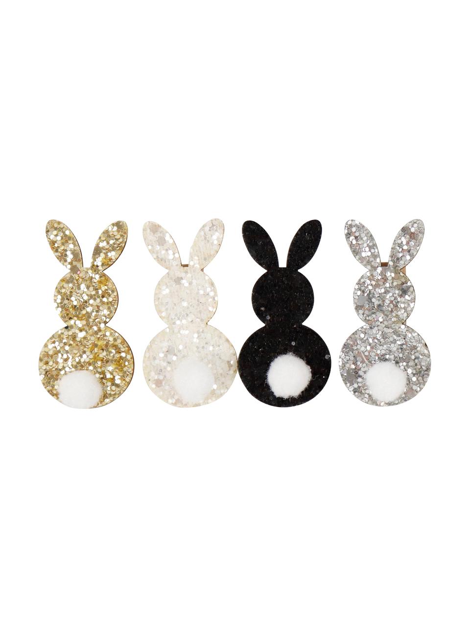 Deko-Clips-Set Glitzer Hasen, 8-tlg., Holz, Kunststoff, Goldfarben, Silberfarben, Weiß, Schwarz, B 3 x H 5 cm