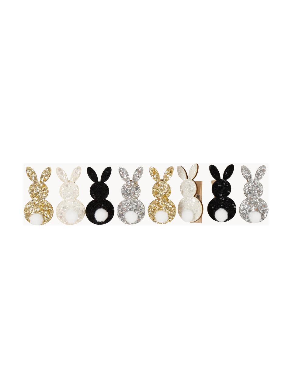 Decoratieve clips set Glitzer Hasen, set van 8., Hout, kunststof, Meerkleurig, B 3 x H 5 cm