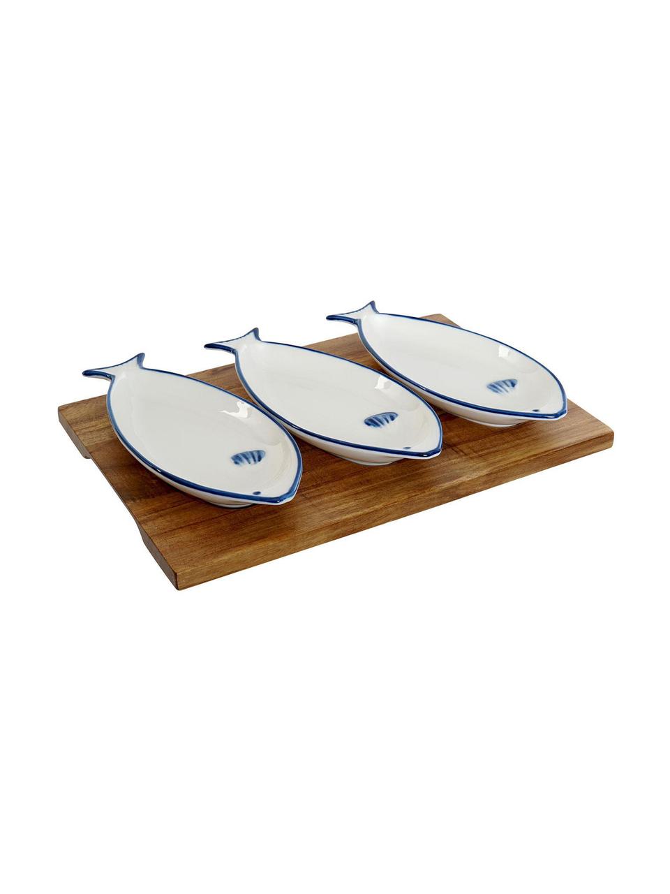 Set de servir Ryba, 4 pzas., Cuencos: porcelana, Bandeja: madera de acacia, Blanco, Azul, An 28 x Al 4 cm