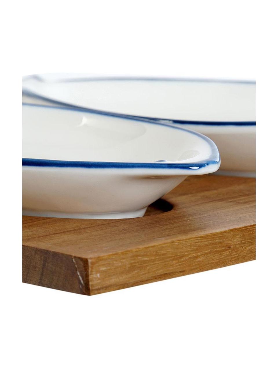Set de servir Ryba, 4 pzas., Cuencos: porcelana, Bandeja: madera de acacia, Blanco, Azul, An 28 x Al 4 cm