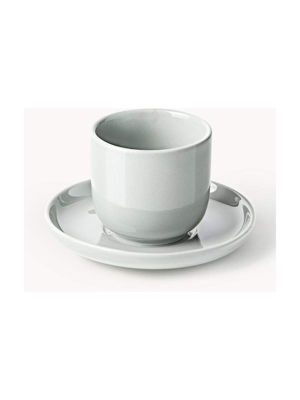 Porcelánové pohárky na espresso s podšálky Nessa, 4 ks, Vysoce kvalitní porcelán, Světle šedá, lesklá, Ø 7 cm, V 6 cm, 90 ml