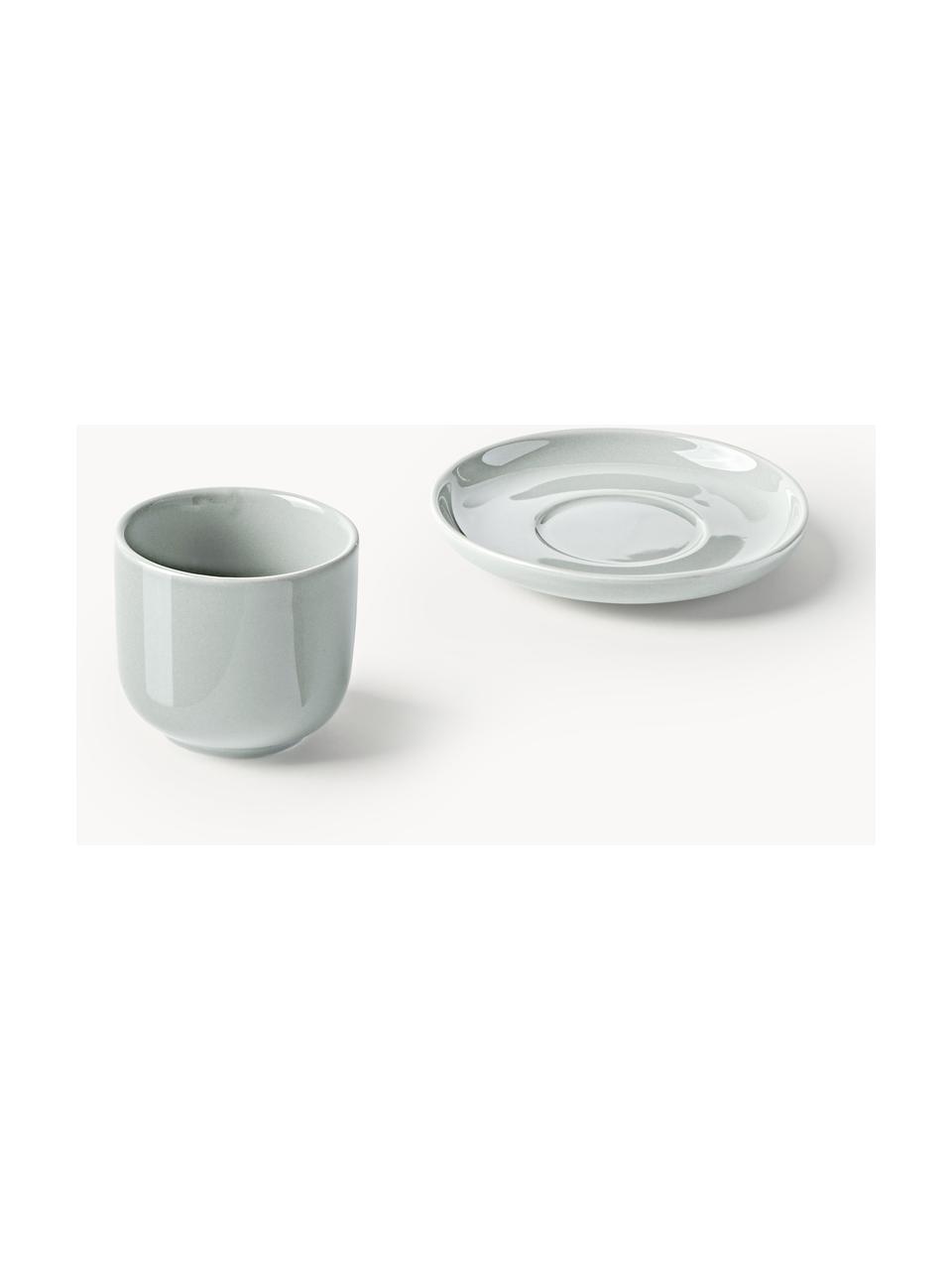Tazas de café espresso con platitos de porcelana Nessa, 4 uds., Porcelana dura de alta calidad, Gris claro brillante, Ø 7 x Al 6 cm, 90 ml