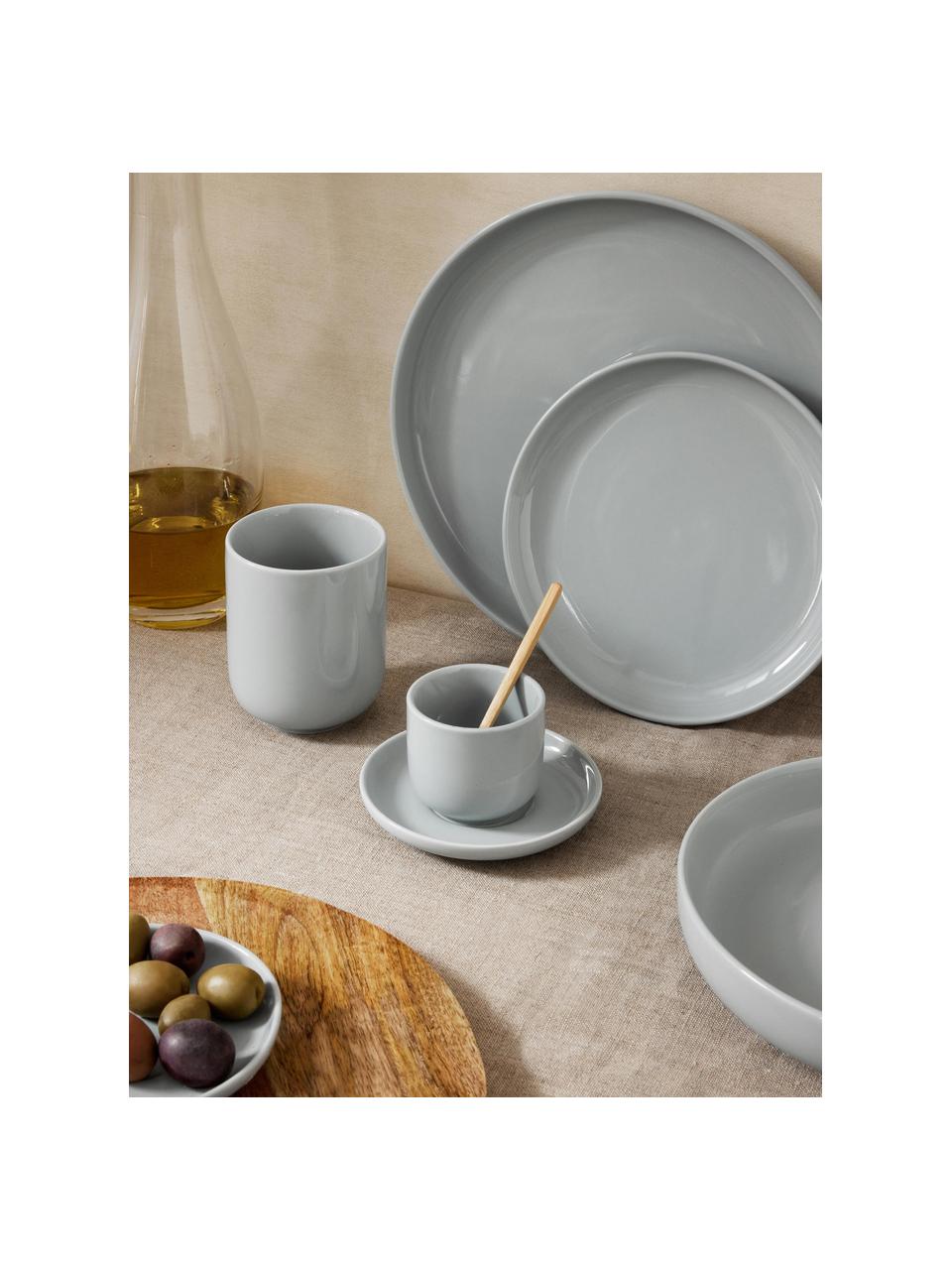 Tazas de café espresso con platitos de porcelana Nessa, 4 uds., Porcelana dura de alta calidad, Gris claro brillante, Ø 7 x Al 6 cm, 90 ml