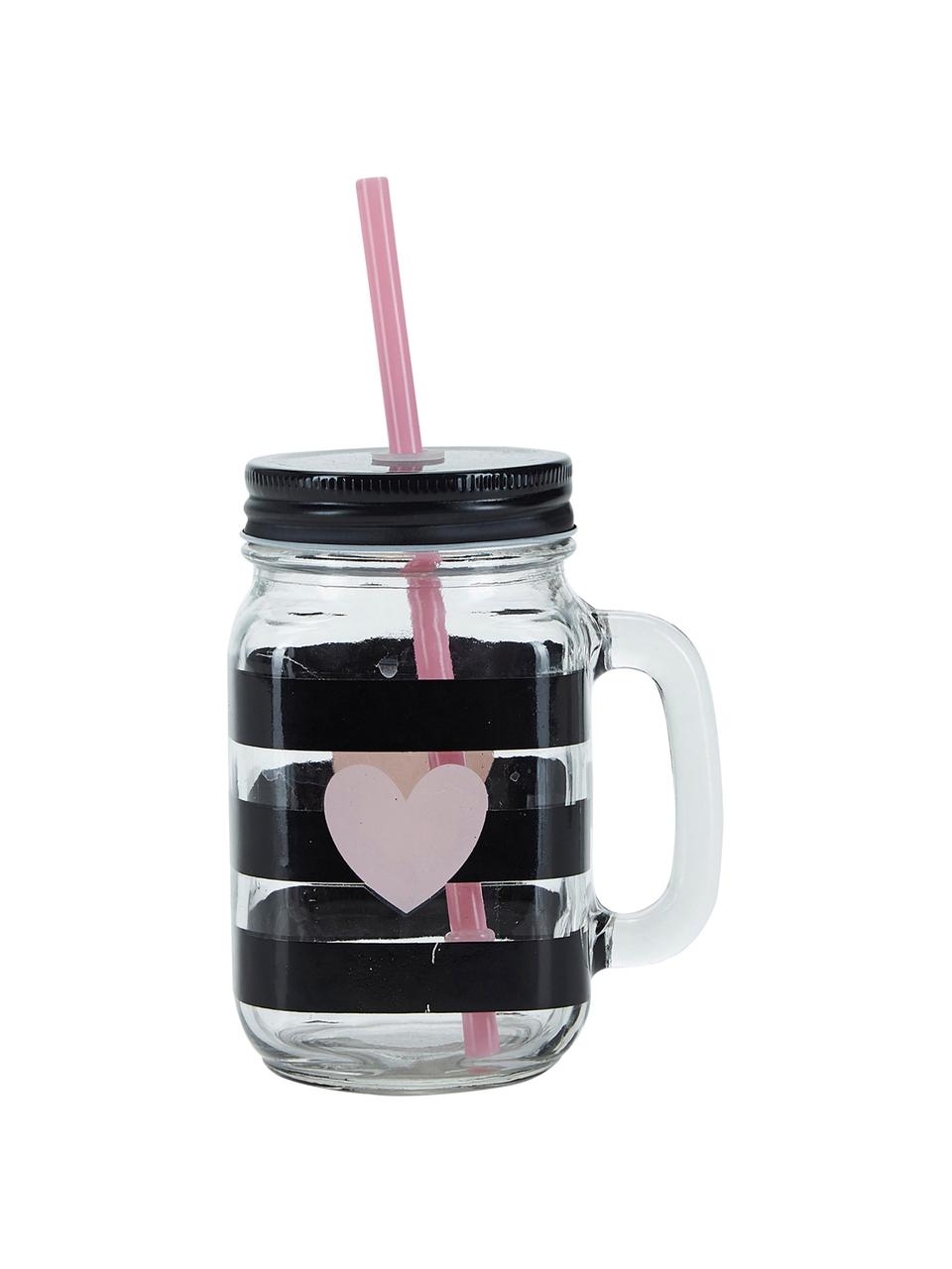 Vasos de cóctel con tapadera y pajita Stripes & Heart, 2 uds., Recipiente: vidrio, Tapa: metal, plástico, Transparente, negro, rosa, Ø 7 x Al 16 cm