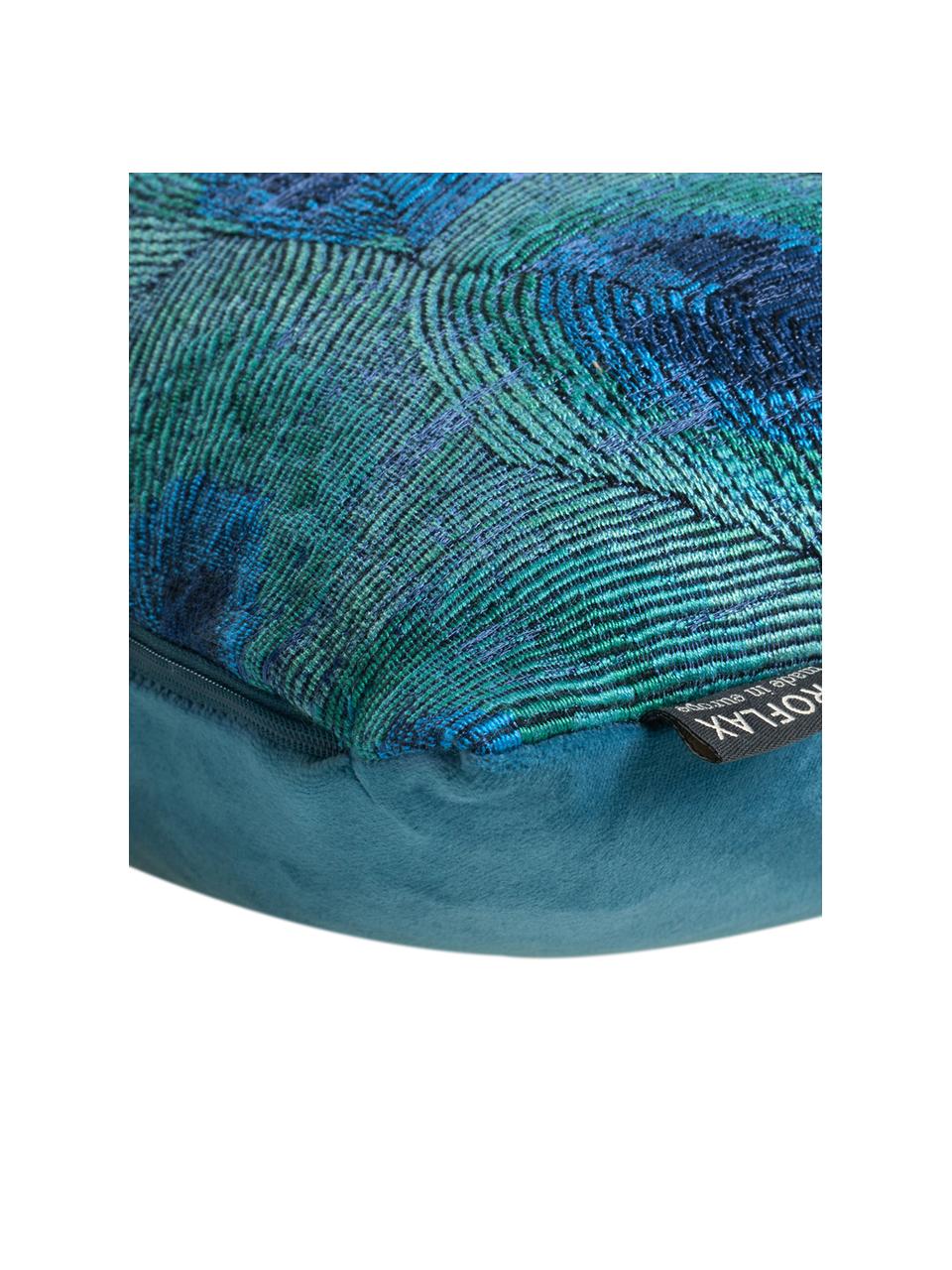 Kissenhülle Pavone mit Pfauenfedern Motiv, Vorderseite: Viskose, Rückseite: Polyestersamt, Blau- und Grüntöne, 45 x 45 cm