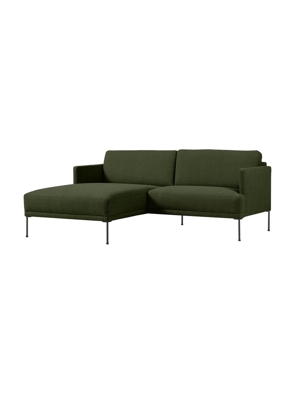 Divanetto angolare con piedini in metallo Fluente, Rivestimento: 100% poliestere Con 80.00, Struttura: legno di pino massiccio, , Piedini: metallo verniciato a polv, Tessuto verde scuro, Larg. 198 x Prof. 152 cm, chaise-longue a sinistra