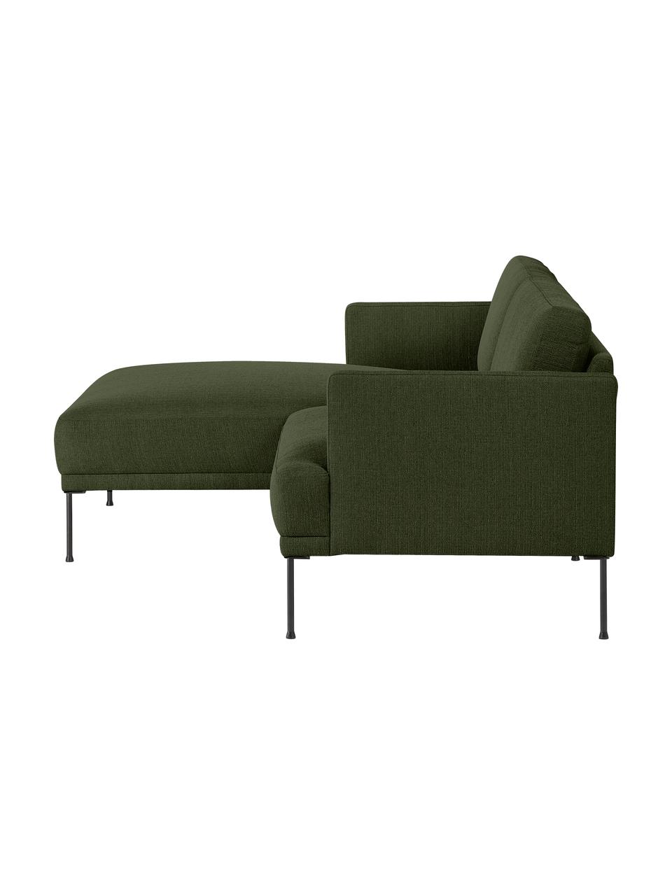 Kleines Ecksofa Fluente mit Metall-Füßen, Bezug: 100 % Polyester Der strap, Gestell: Massives Kiefernholz, FSC, Füße: Metall, pulverbeschichtet, Webstoff Dunkelgrün, B 198 x T 152 cm, Eckteil links