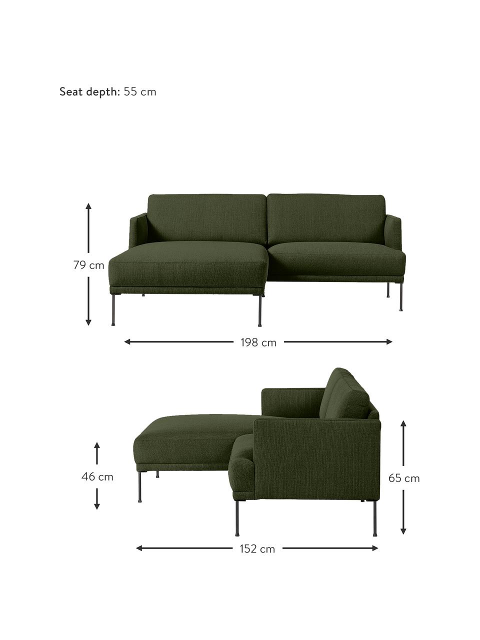 Kleine hoekbank Fluente met metalen poten, Bekleding: 100% polyester De slijtva, Frame: massief grenenhout, FSC-g, Poten: gepoedercoat metaal, Geweven stof donkergroen, B 198 x D 152 cm, hoekdeel links