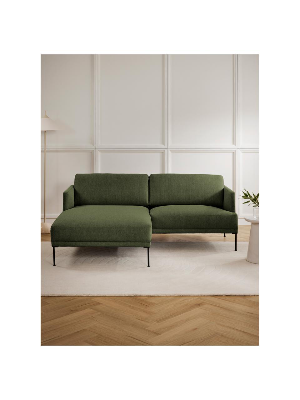Petit canapé d'angle avec pieds en métal Fluente, Tissu vert foncé, larg. 198 x prof. 152 cm, méridienne à gauche
