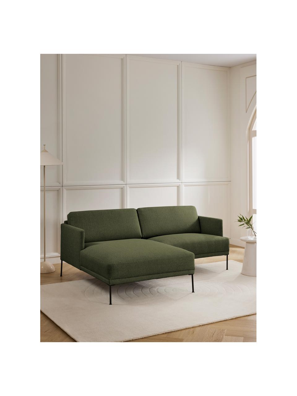 Kleines Ecksofa Fluente mit Metall-Füssen, Bezug: 100 % Polyester Der strap, Gestell: Massives Kiefernholz, FSC, Webstoff Dunkelgrün, B 198 x T 152 cm, Eckteil links