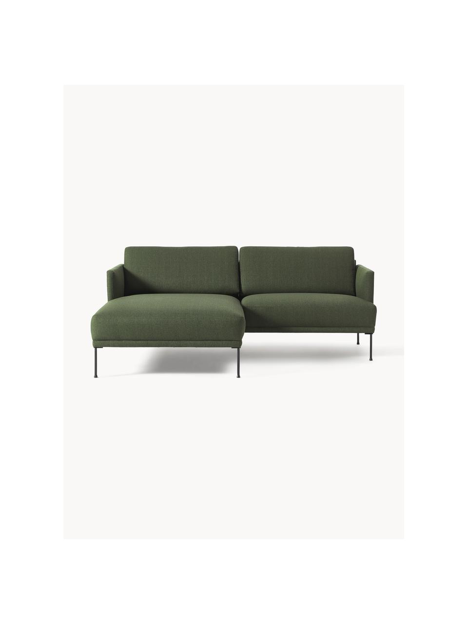 Kleines Ecksofa Fluente mit Metall-Füssen, Bezug: 100 % Polyester Der strap, Gestell: Massives Kiefernholz, FSC, Webstoff Dunkelgrün, B 198 x T 152 cm, Eckteil links