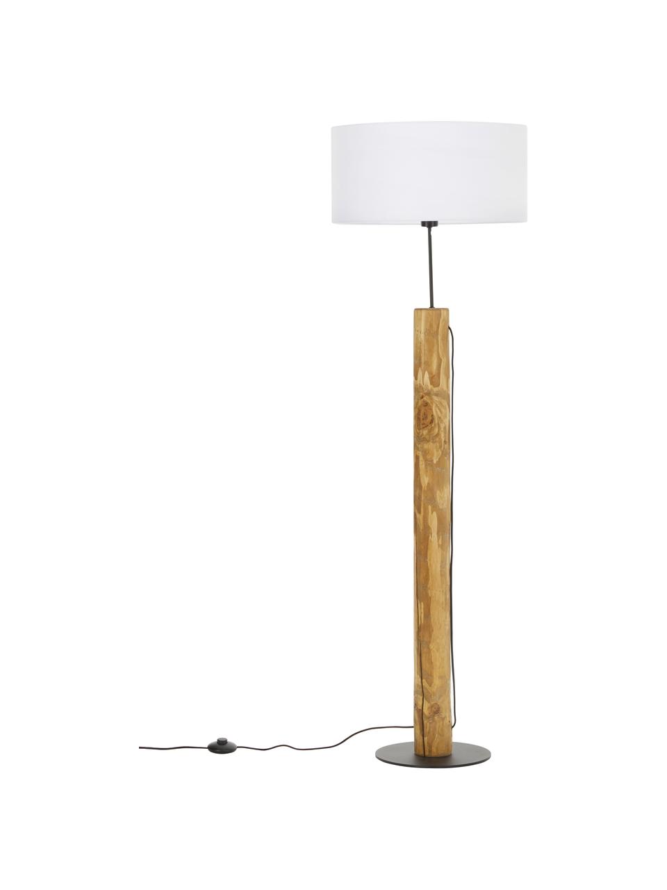 Vloerlamp Pino met houten voet, Lampenkap: stof, Lampvoet: grenenhout, gebeitst, Bruin, wit, Ø 50 x H 161 cm