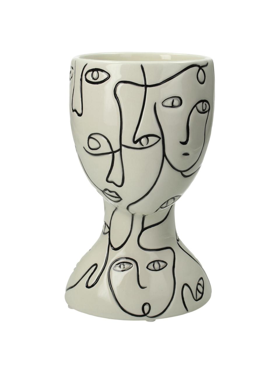 Osłonka na doniczkę z kamionki Faces, Kamionka, Złamana biel, czarny, S 12 x W 20 cm