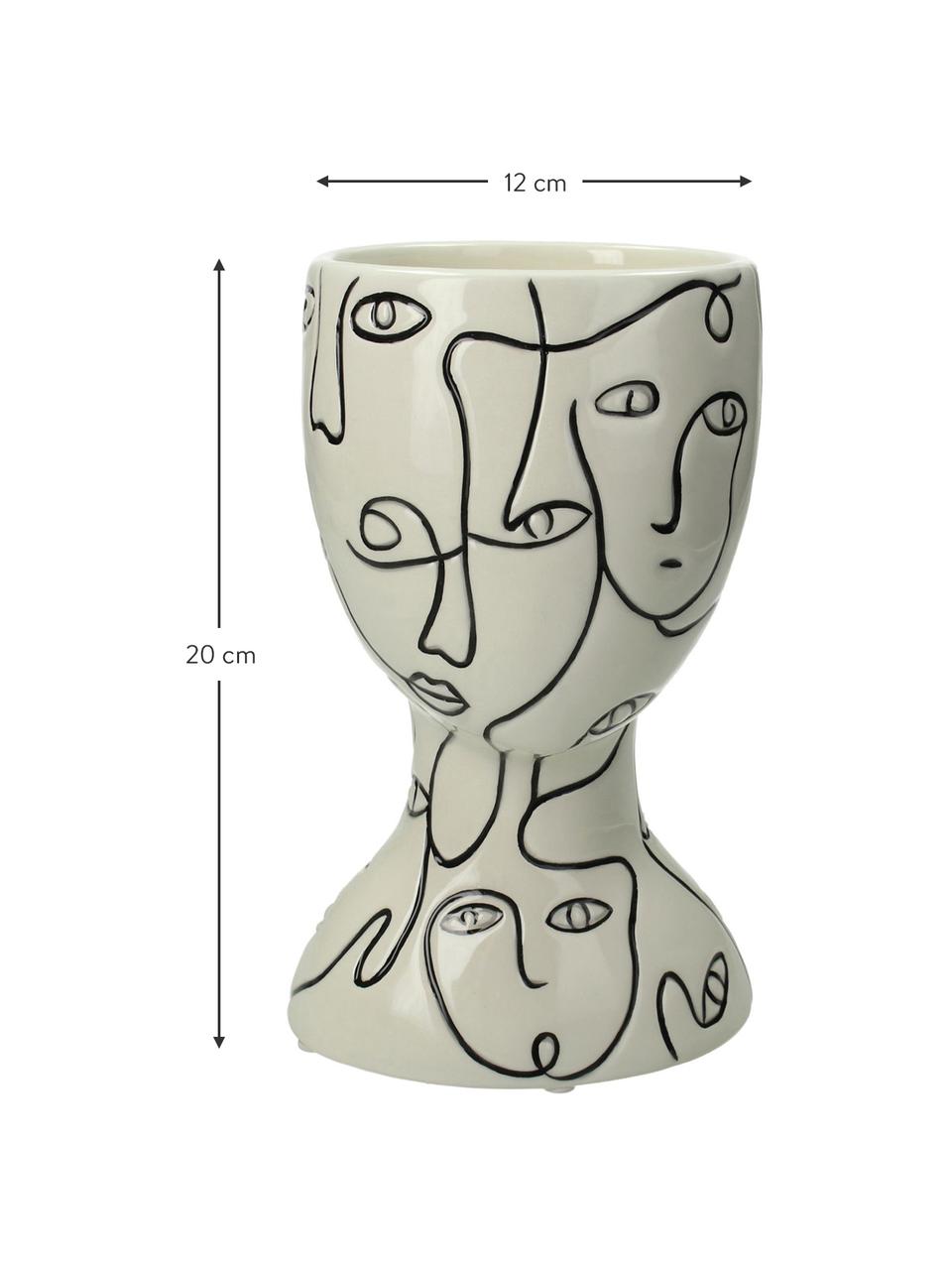 Obal na kvetináč z kameniny Faces, Kamenina, Lomená biela, čierna, Š 12 x V 20 cm