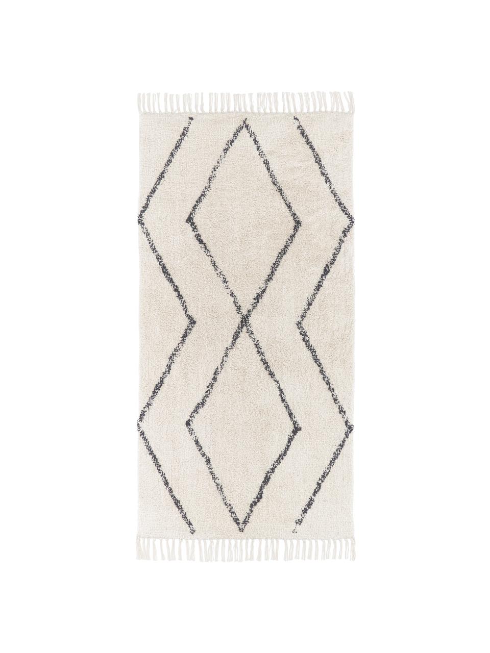 Alfombra artesanal de algodón con flecos Bina, 100% algodón, Beige, negro, An 80 x L 150 cm (Tamaño XS)