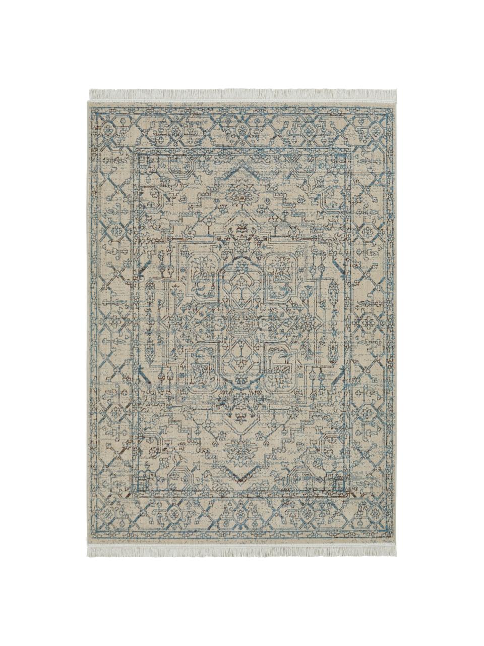 Tapis oriental rectangulaire bleu/beige à franges Estera, 40 % coton recyclé, 40 % polypropylène, 20 % recyclé polyester, Bleu, beige, blanc crème, gris, larg. 80 x long. 150 cm (taille XS)