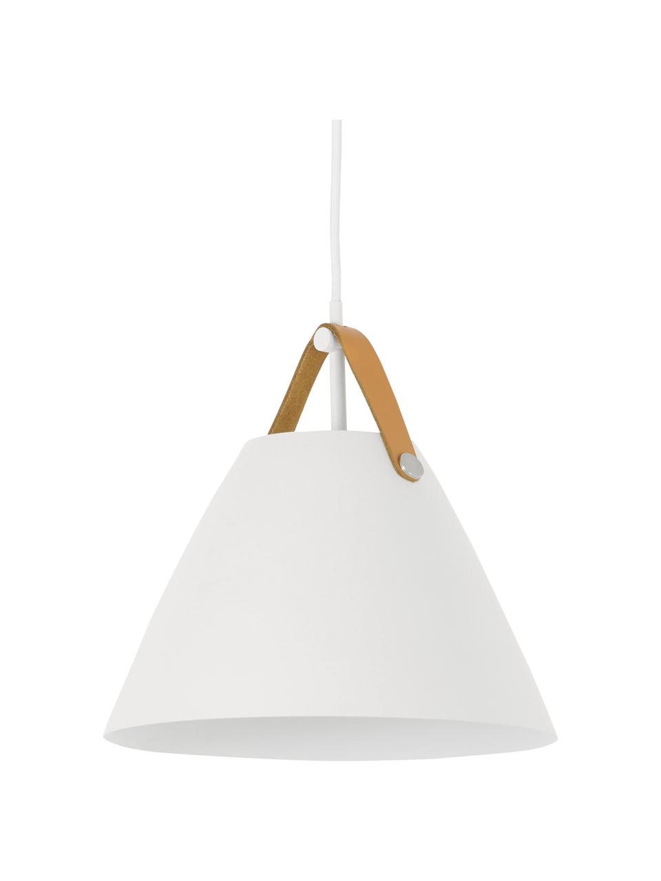 Hanglamp Strap met verwisselbare leren band, Lampenkap: gepoedercoat metaal, Baldakijn: kunststof, Wit, Ø 48  x H 46 cm