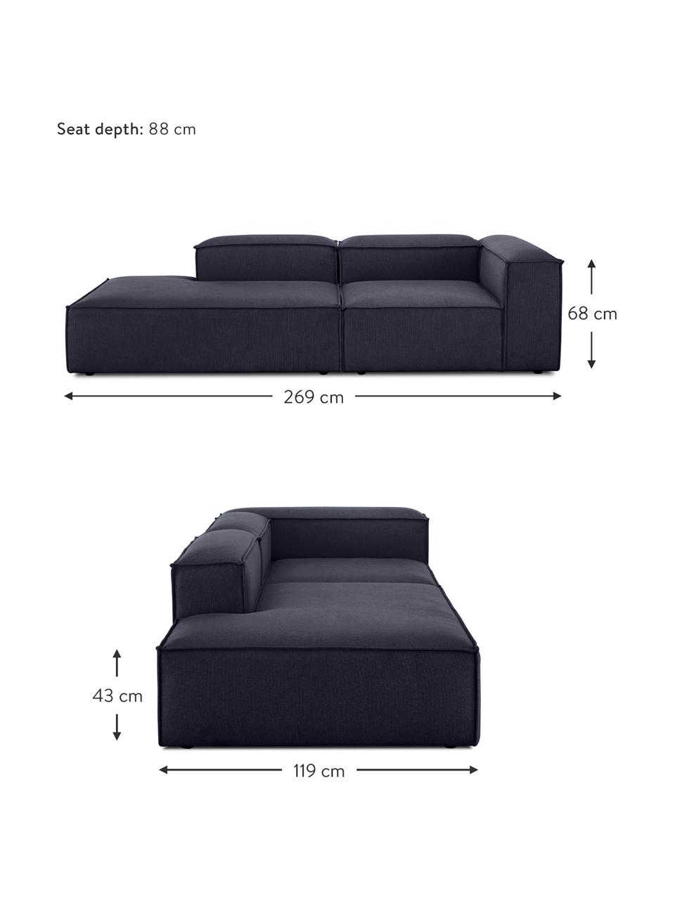 Modulaire chaise longue Lennon, Bekleding: 100% polyester De slijtva, Frame: massief grenenhout, FSC-g, Poten: kunststof, Geweven stof donkerblauw, B 269 x H 119 cm, rugleuning rechts