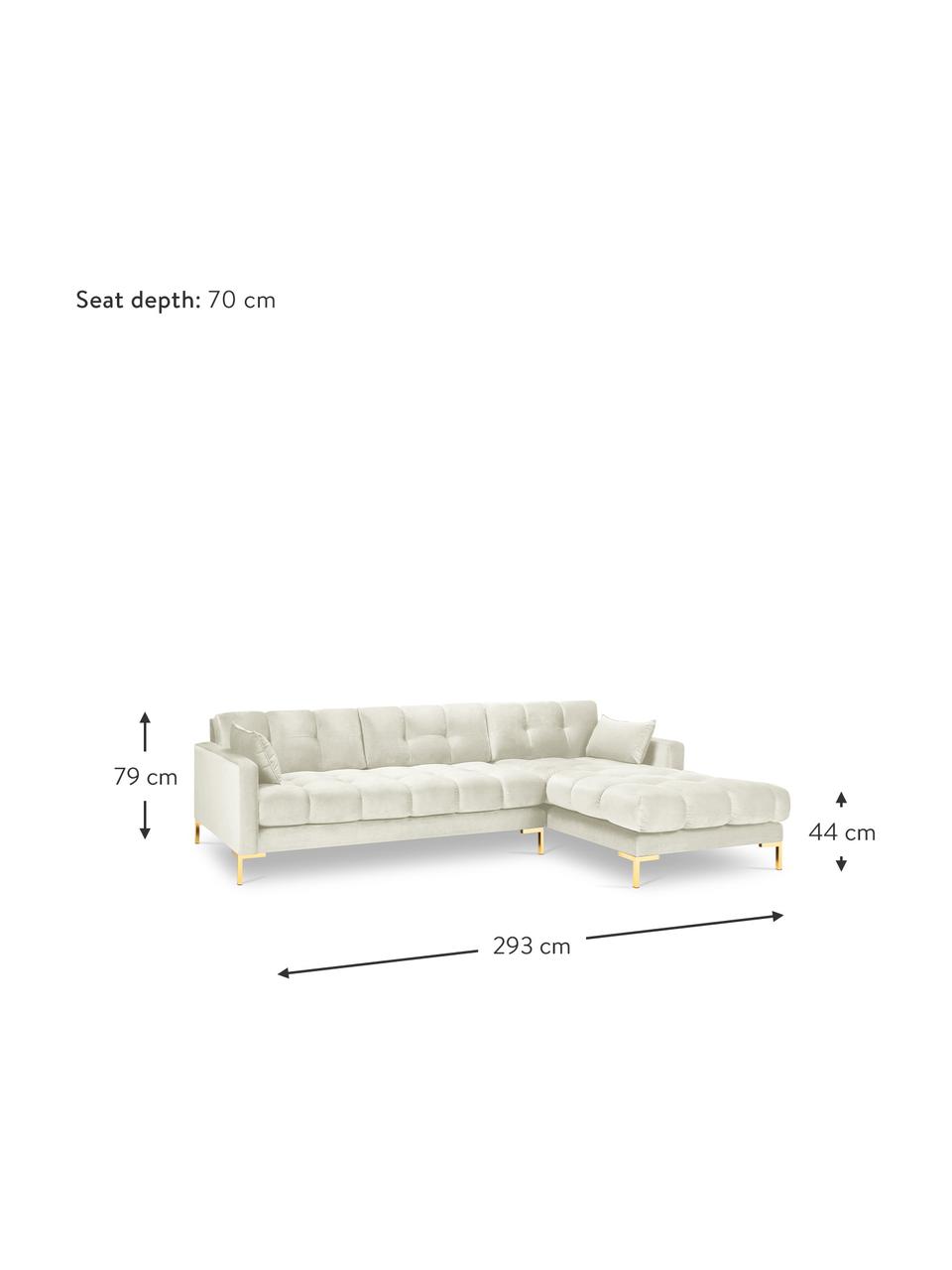 Canapé d'angle 5 places velours Mamaia, Velours blanc crème, larg. 293 x prof. 185 cm, méridienne à droite