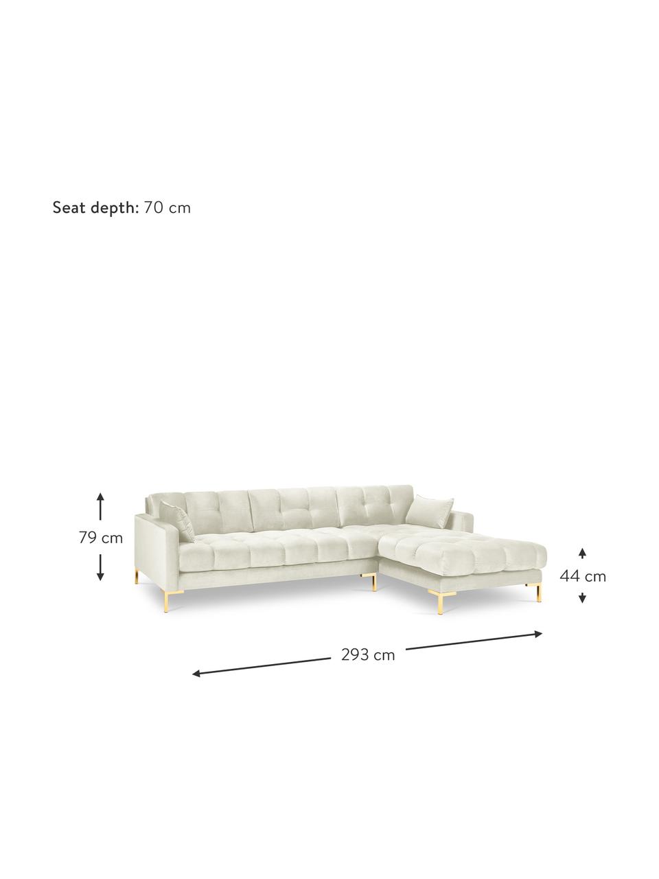 Sofa narożna z aksamitu Mamaia (5-osobowa), Tapicerka: 100% aksamit poliestrowy , Stelaż: lite drewno sosnowe, płyt, Kremowobiały aksamit, S 293 x G 185 cm, prawostronna
