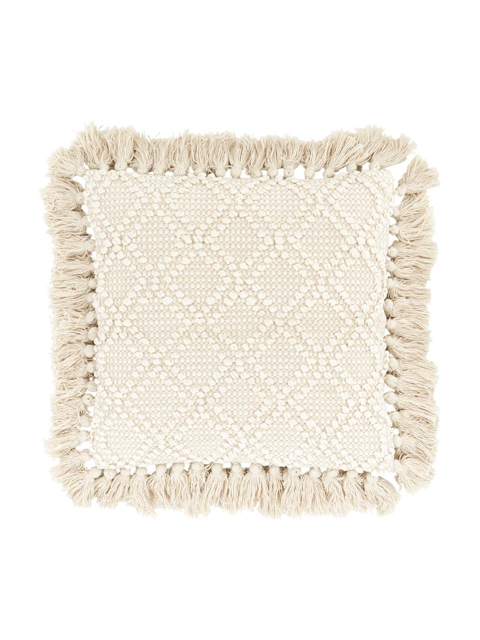 Federa arredo con ornamenti decorativi e frange Martina, 100% cotone, Beige, Larg. 45 x Lung. 45 cm