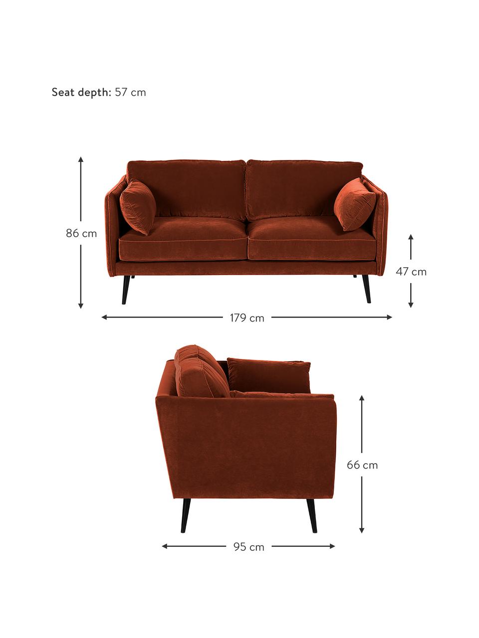 Samt-Sofa Paola (2-Sitzer) mit Holz-Füßen, Bezug: Samt (Polyester) Der stra, Gestell: Massives Fichtenholz, Spa, Füße: Lackiertes Fichtenholz, F, Samt Rostrot, B 179 x T 95 cm