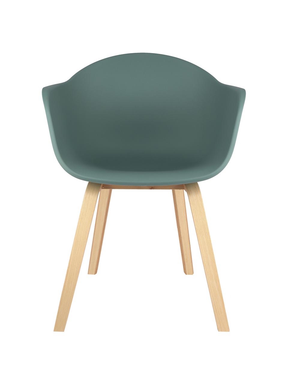 Kunststoffen armstoel Claire met houten poten, Zitvlak: kunststof, Poten: beukenhout, Grijsgroen, beukenhout, B 60 x H 54 cm