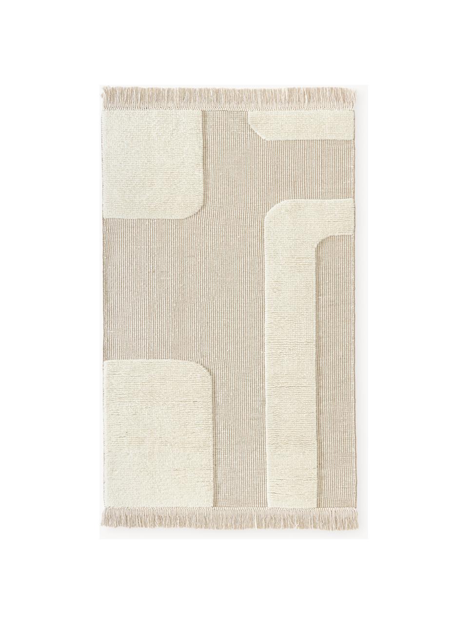Handgewebter Teppich Laine mit Hoch-Tief-Muster und Fransen, 57 % Wolle (RWS-zertifiziert), 35 % Jute, 8 % Baumwolle, Beige, Cremeweiß, B 160 x L 230 cm (Größe M)