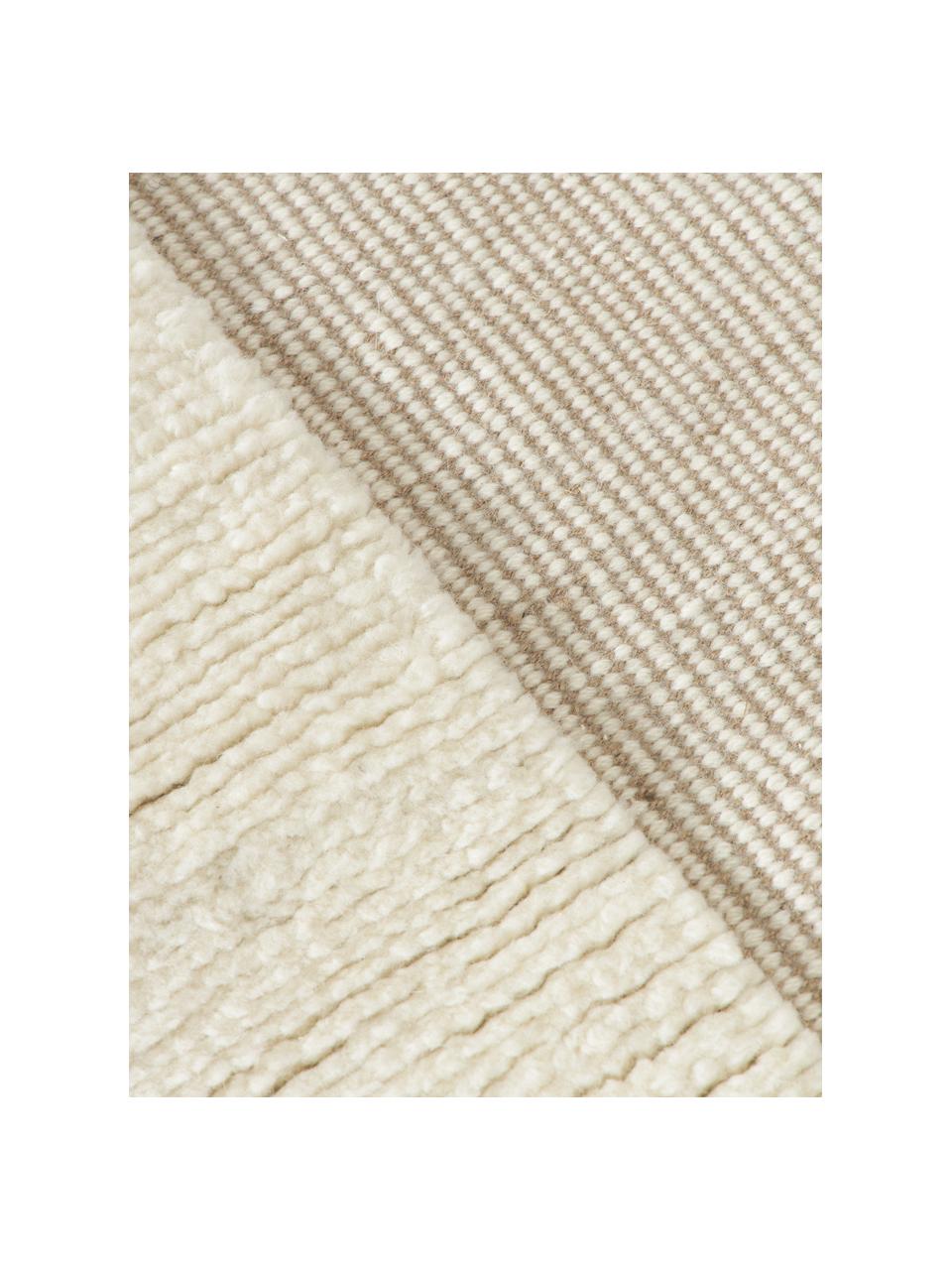 Handgeweven vloerkleed Laine met hoog-laag patroon en franjes, 57% wol (RWS-gecertificeerd), 35% jute, 8% katoen, Beige, crèmewit, B 160 x L 230 cm (maat M)