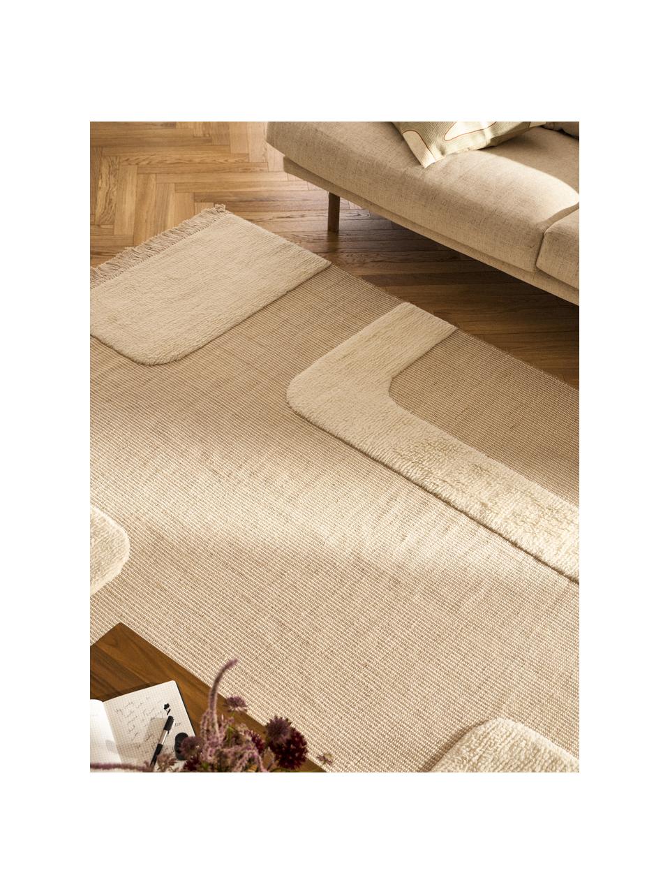 Alfombra artesanal con relives y flecos Laine, 57% lana (certificado RWS), 35% yute, 8% algodón, Beige, blanco crema, An 160 x L 230 cm (Tamaño M)