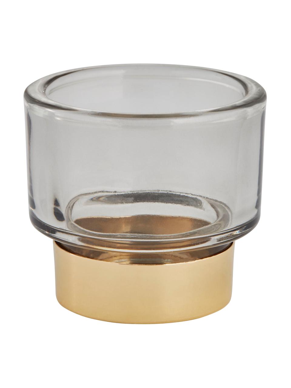 Handgefertigter Teelichthalter Miy in Hellgrau, Glas, Grau, transparent, Goldfarben, Ø 8 cm
