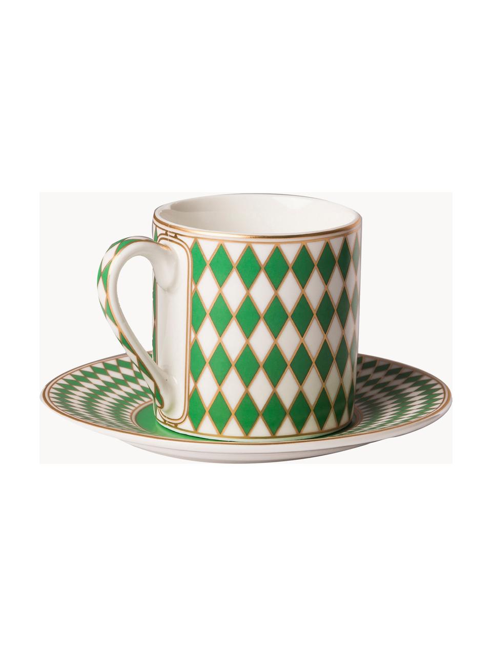 Espressokopjes Chess met schoteltjes, set van 4, Geglazuurd porselein, Geel, groen, Off White, Ø 6 x H 6 cm, 100 ml