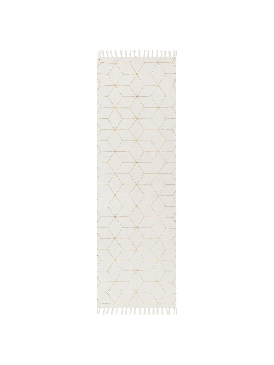 Alfombra corredor de tejido plano de algodón con flecos Yena, Beige, dorado, An 80 x L 250 cm