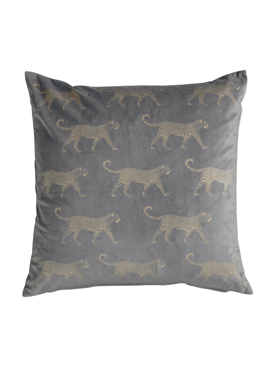 Fluwelen kussen Leopard met glanzend print, met vulling, Grijs, goudkleurig, 45 x 45 cm