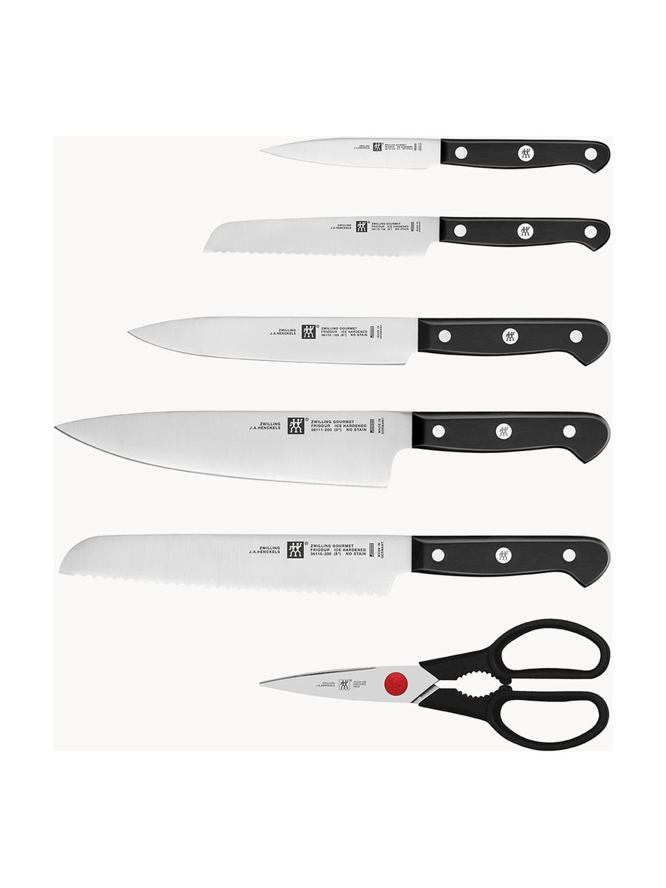 Ceppo portacoltelli autoaffilante con 5 coltelli e 1 paio di forbici Gourmet, Manico: plastica, Marrone, nero, Set in varie misure