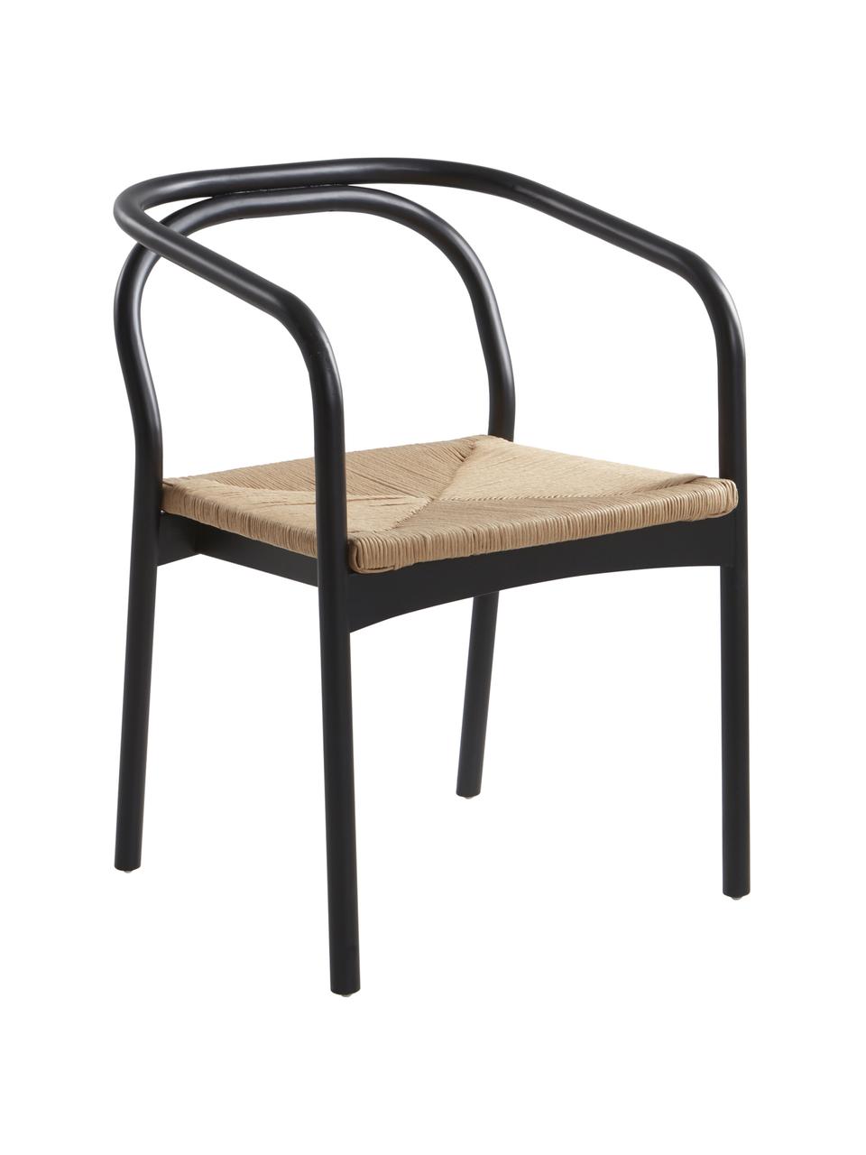 Silla con reposabrazos de abedul y mimbre Lidingo, Asiento: mimbre de cordón, Negro, beige, An 54 x F 56 cm