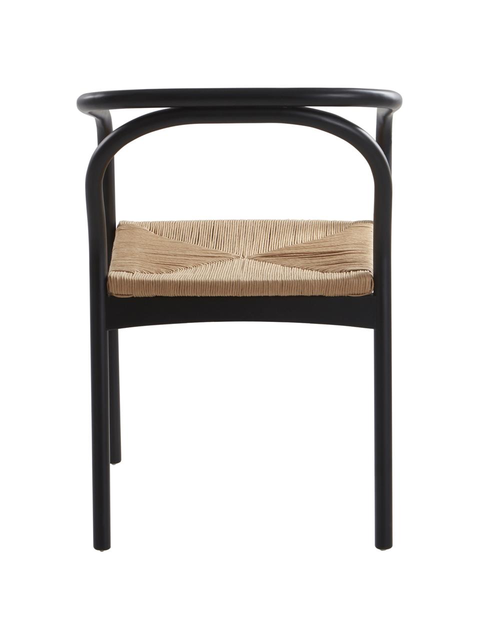 Berkenhouten fauteuil Lidingo met geweven koord, Frame: zwart gelakt berkenhout, Zitvlak: vlechtwerk, Zwart, beige, B 54 x D 56 cm