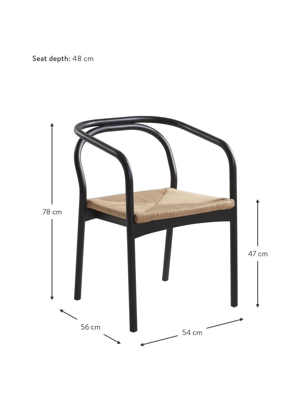 Berkenhouten fauteuil Lidingo met geweven koord, Frame: zwart gelakt berkenhout, Zitvlak: vlechtwerk, Zwart, beige, B 54 x D 56 cm