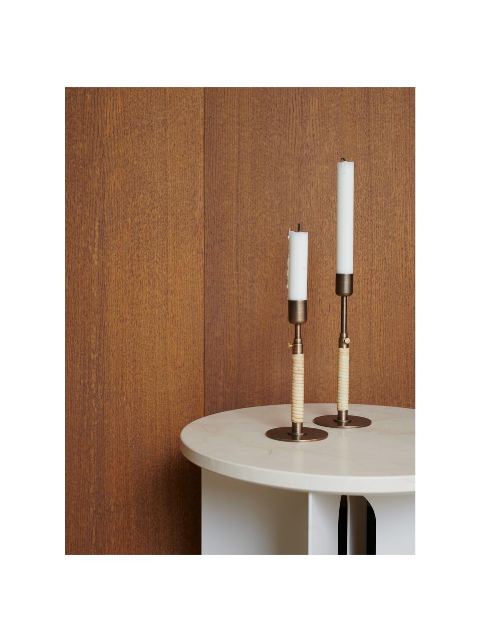 Candelabro regolabile in altezza Duca, Ottone bronzato, rattan, Marrone scuro, beige chiaro, Ø 8 x Alt. 17 cm